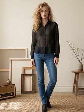 Story On Womens Small Black Sheer Mesh Button Down Long Sleeve Party Blouse NWT